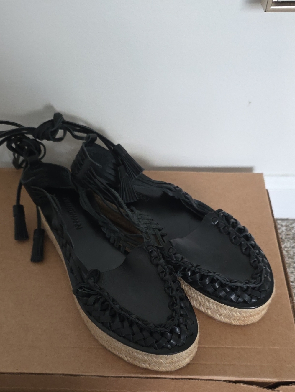 Zimmermann Black Braided Espadrille Sandals with Ankle Ties